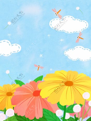 手绘蓝天下的花丛儿童日背景素材