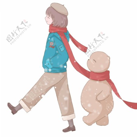大雪中散步的女孩和大熊治愈系设计