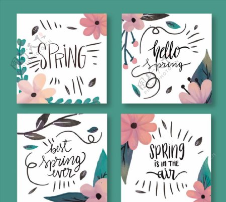 4款彩绘春季花朵卡片矢量素材