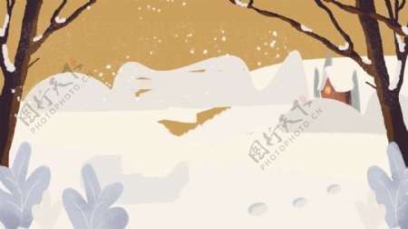 手绘冬天雪地里的枯树背景素材