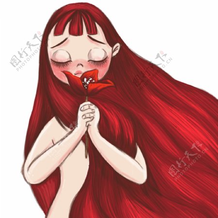 手绘拿着一朵红花的女孩