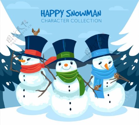 卡通雪中的的3个雪人矢量素材