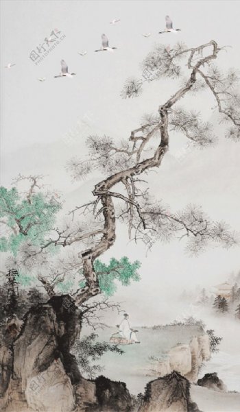 中式玄关撫琴图背景墙