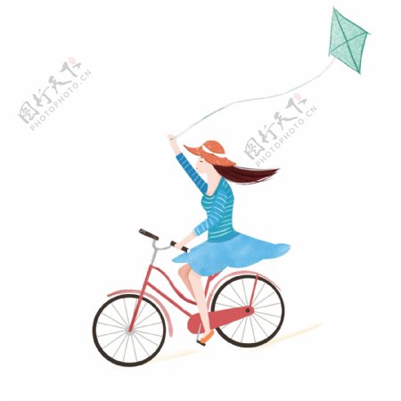 骑车放风筝的女孩人物插画设计