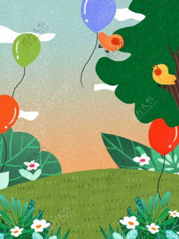 彩绘清新春季气球小鸟背景设计