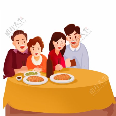 春节一家人坐在桌子上吃饭免抠图