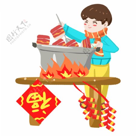 春节习俗炖大肉手绘插画