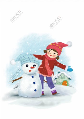 手绘雪人和小女孩插画
