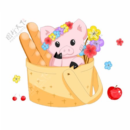 新年可爱小猪在篮子里的小猪png手绘素材