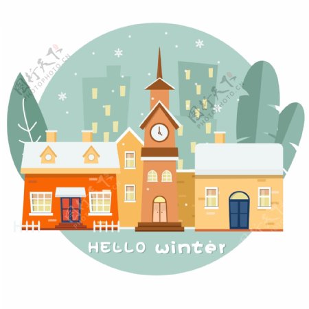 冬日元素暖色温馨房屋卡通