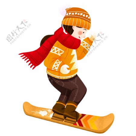 手绘冬天滑雪的女孩人物插画