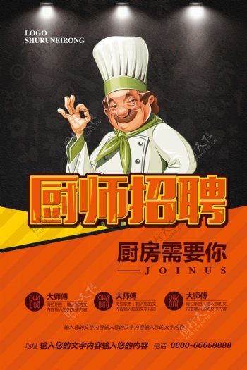 黑色简约餐饮行业厨师酒店招聘海报模板