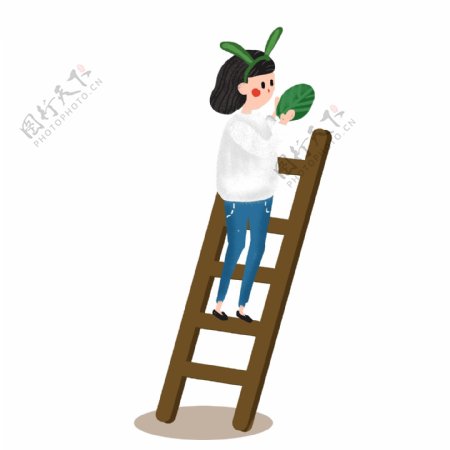 卡通小清新站在梯子上的女孩人物设计