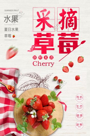 时尚草莓采摘季夏日旅游宣传海报