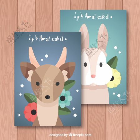鹿和兔子的动物卡片