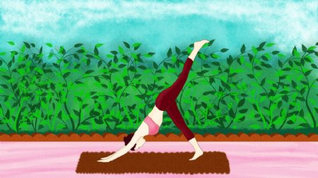 健身户外瑜珈卡通人物暖色系风景插画系列2