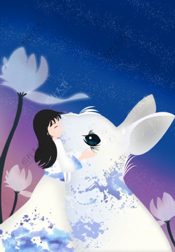 美女和兔子插画背景图