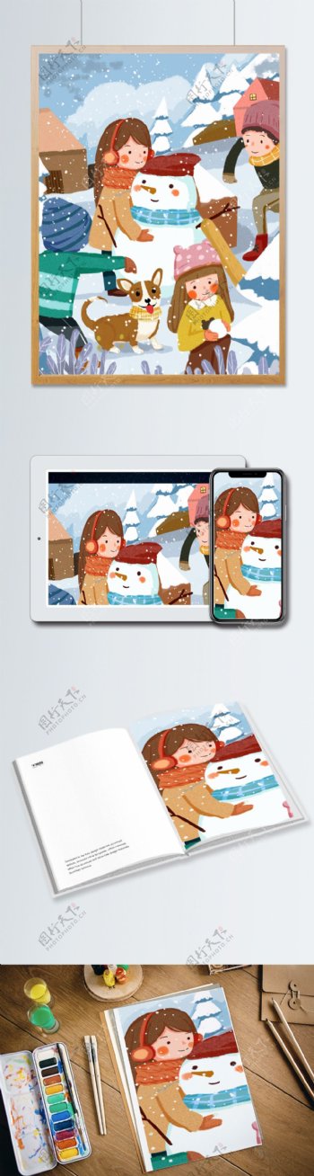 冬日孩子打雪仗堆雪人温暖可爱温馨儿童插画