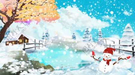原创手绘二十四节气冬天雪景小雪大雪插画