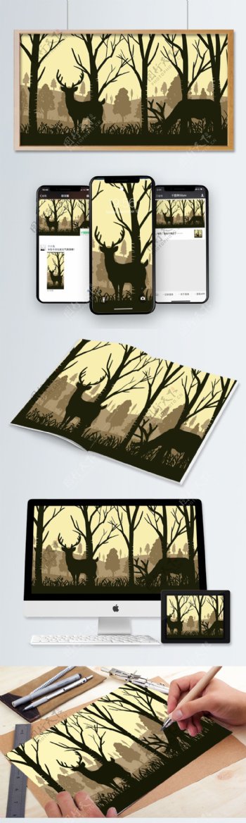 剪影系列在树林里的鹿插画海报配图
