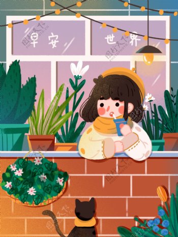早安世界治愈在阳台上喝奶茶的女孩猫咪植物
