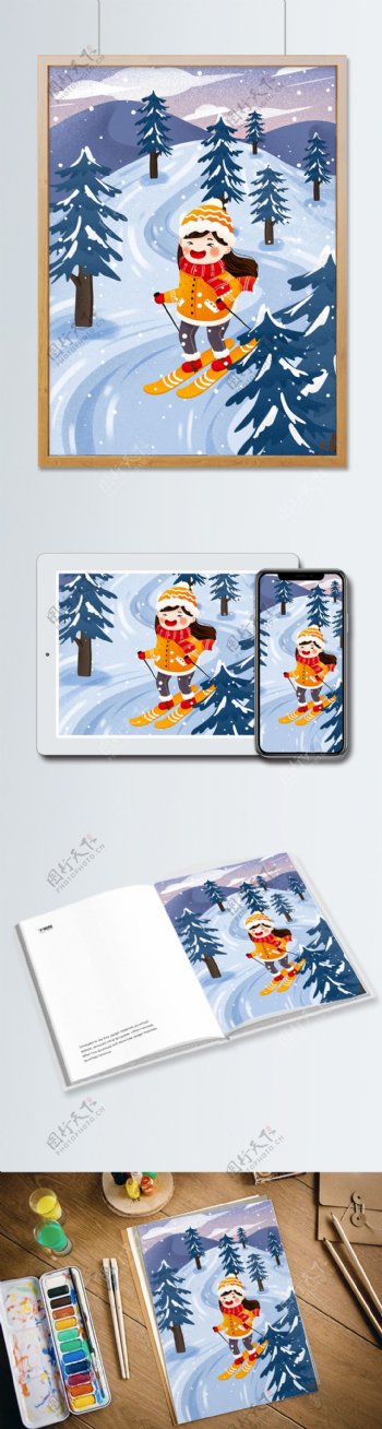 冬季滑雪女孩雪中滑雪冬天雪景插画