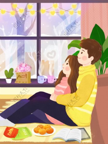 清新浪漫情侣冬季日常居家赏雪手绘插画