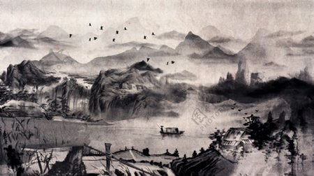 复古唯美中国水墨画风景画中国水墨插画