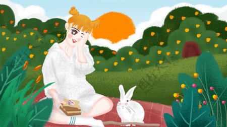 原创插画卖萌日可爱女孩与小兔子