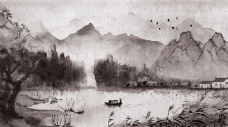复古中国水墨画古风风景画唯美中国水墨插画