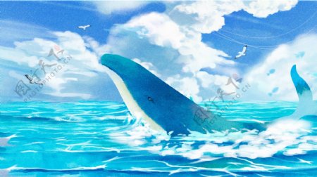 唯美清新手绘治愈系海蓝时见鲸插画