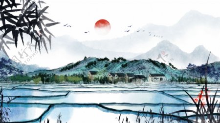 中国风古风手绘中国水墨画水彩画插画