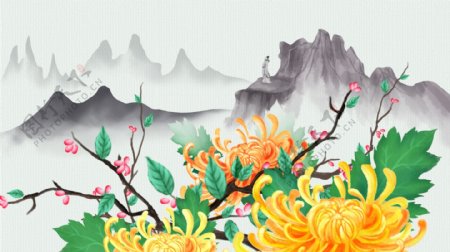 原创唯美中国风节气插画重阳节菊花茱萸登高