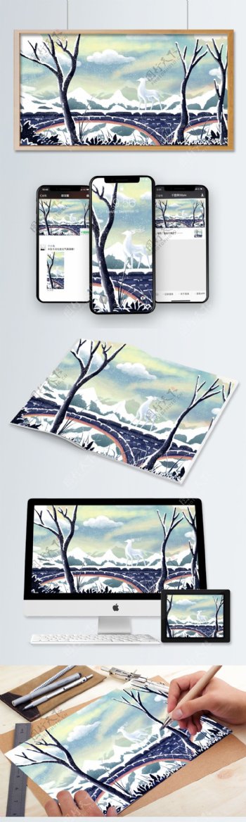 原创手绘插画冬季雪景石桥上的鹿
