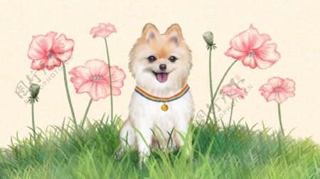 原创手绘萌宠插画草地上毛绒绒的狗狗与花朵