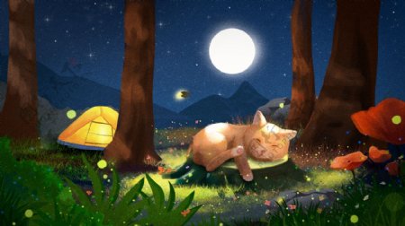 唯美创意萌宠系列梦幻猫咪瞌睡插画