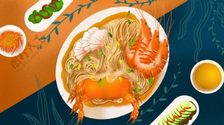 美味海鲜与面日本拉面插画