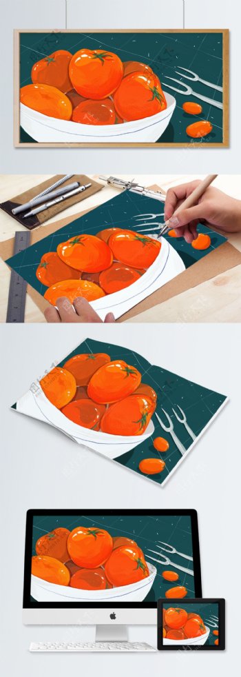 写实手绘水果蓝色桌布和闪亮番茄
