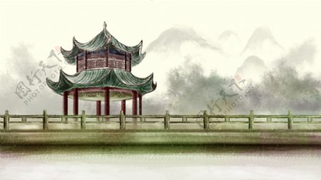 原创中国风插画古代建筑长桥亭子
