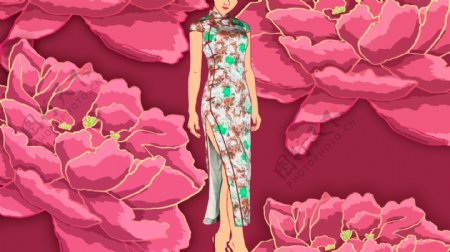 红牡丹旗袍女性插画