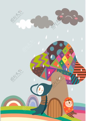 卡通下雨蘑菇屋背景