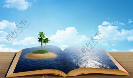 书籍合成天空海岛椰树