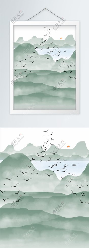 中式群山飞鸟山水装饰画