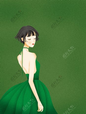 绿色唯美女孩插画背景