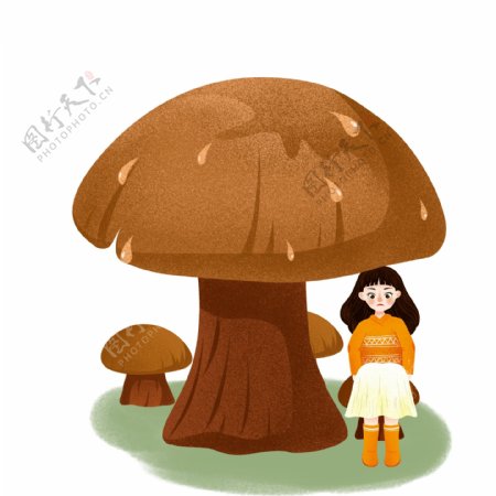 手绘蘑菇下躲雨的女孩