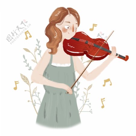 清新卡通女孩拉小提琴人物元素