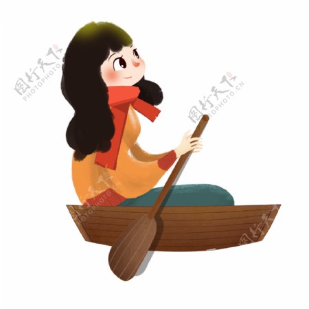 卡通手绘划船的女孩子