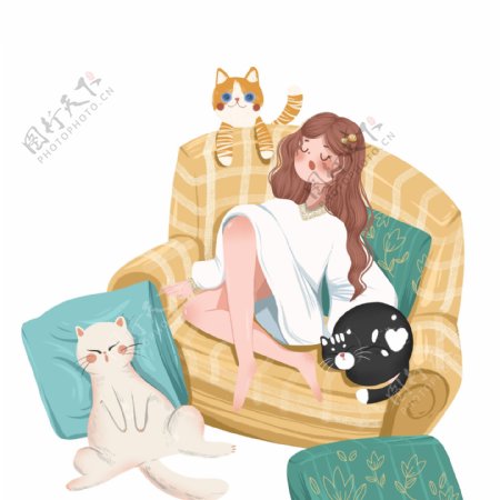 沙发上的女孩与猫咪图案元素