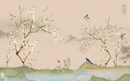 中式花鸟玄关屏风电视背景墙壁画