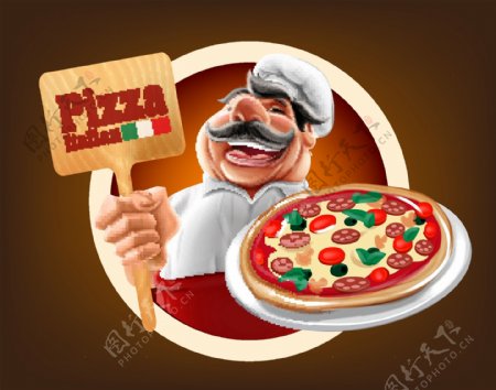 卡通端披萨的厨师矢量素材